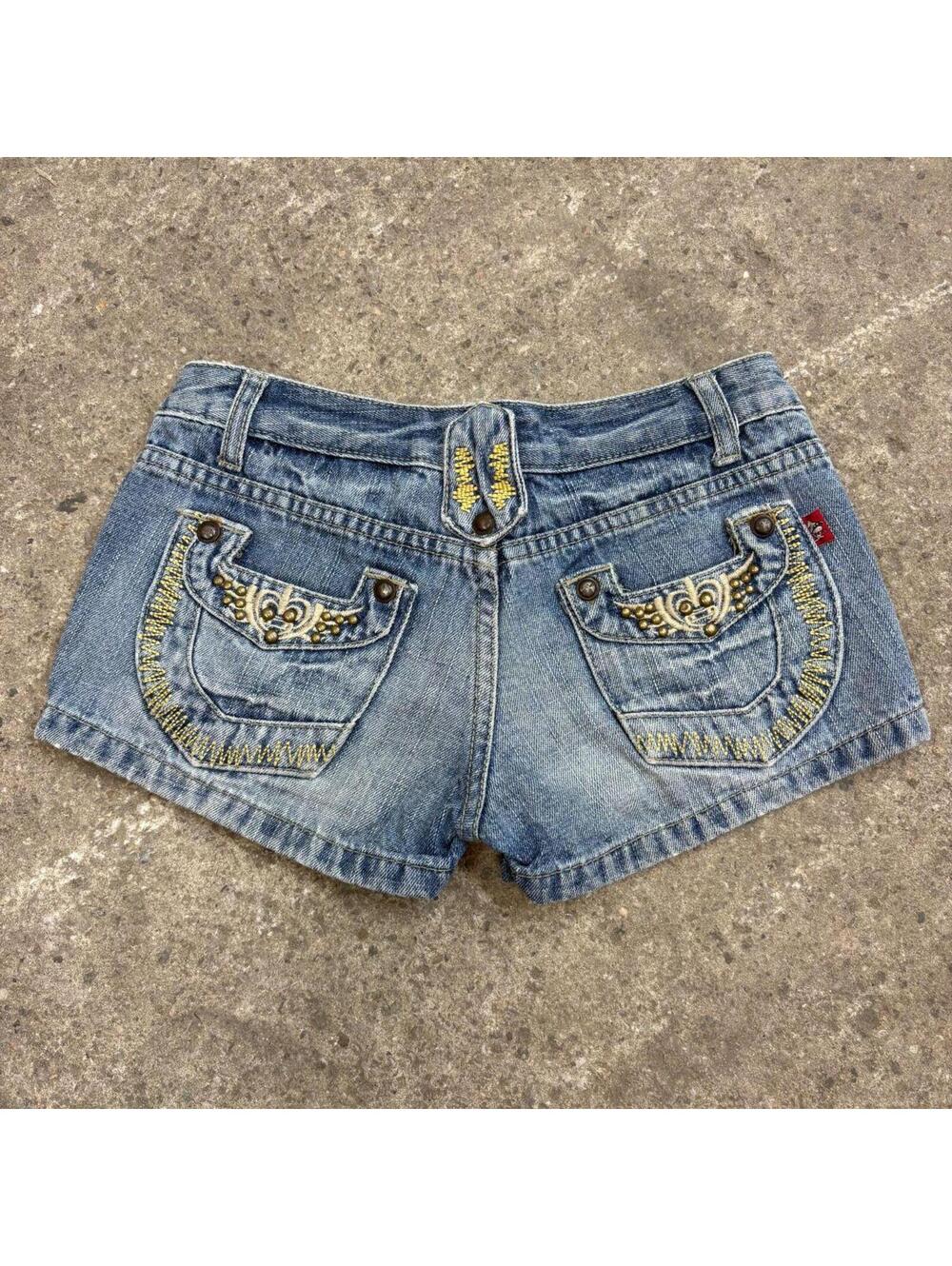 Vintage Y2K Low Rise Denim Micro Shorts Gold Embroidered Pockets